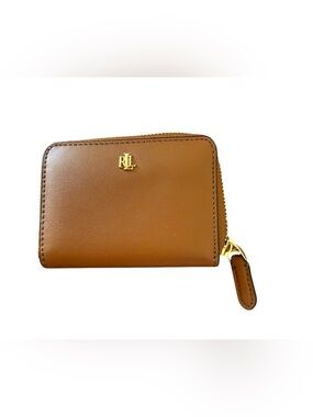 Ralph Lauren NWOT Brown Leather Zip Card Wallet with Gold RL Logo Orange inside